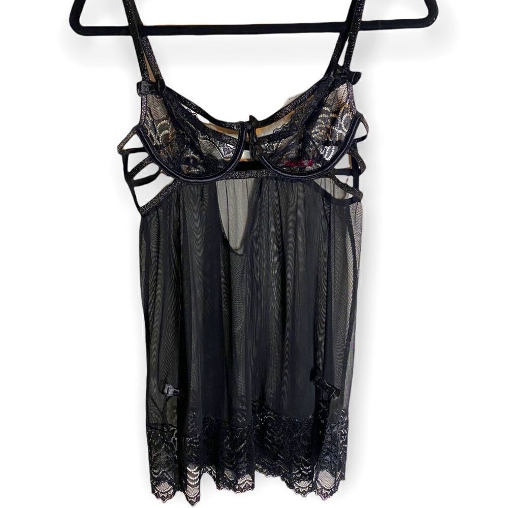 Seven 'Til Midnight (S) Sheer & Strappy Black Babydoll Lingerie